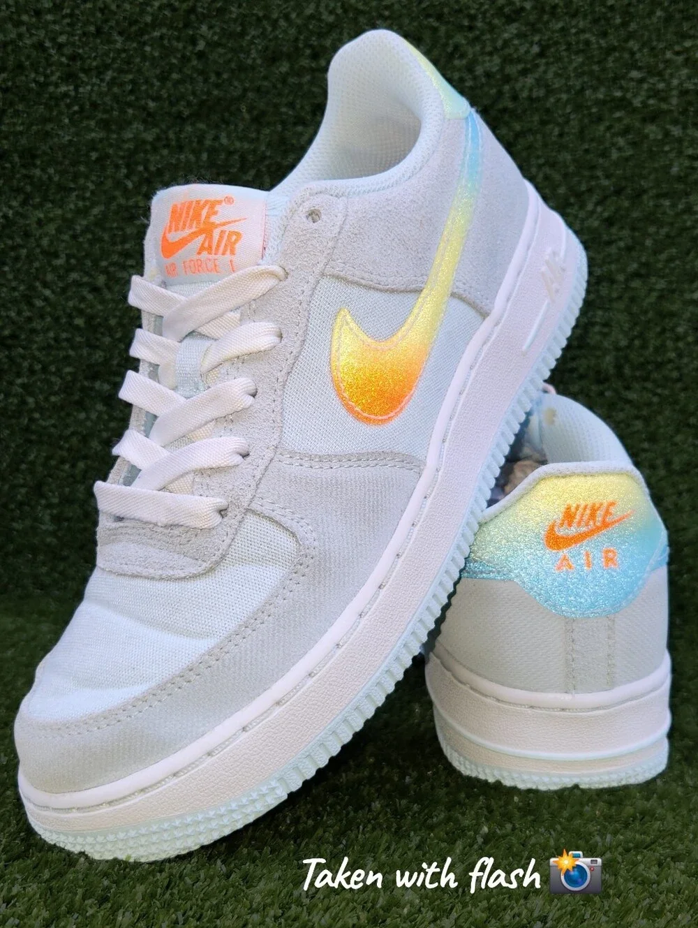 Nike Air Force 1 Big Kids Glacier Blue/Orange Leather Sneakers Size 4.5 Youth